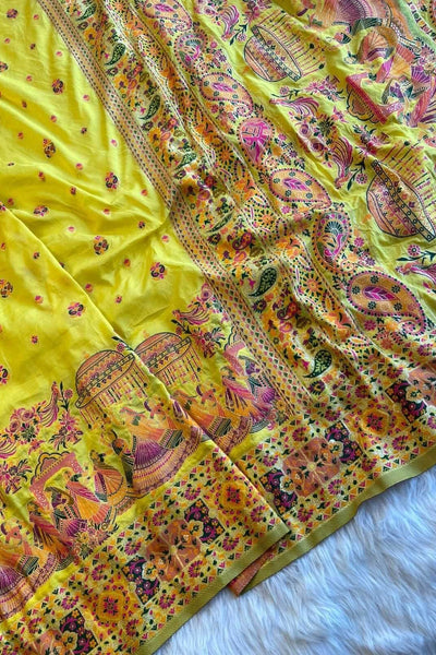 Dalliance Yellow Nylon Dola Pashmina Saree With Alluring Blouse Piece