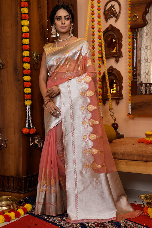 Load image into Gallery viewer, Glittering Peach Organza Silk Saree With Susurrous Blouse Piece
