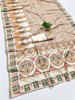 Stunner Beige Nylon Dola Pashmina Saree With Fragrant Blouse Piece