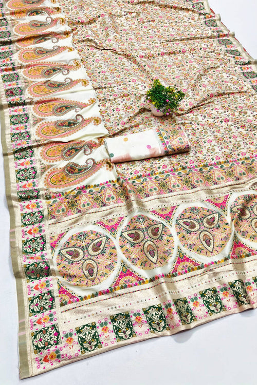 Load image into Gallery viewer, Stunner Beige Nylon Dola Pashmina Saree With Fragrant Blouse Piece
