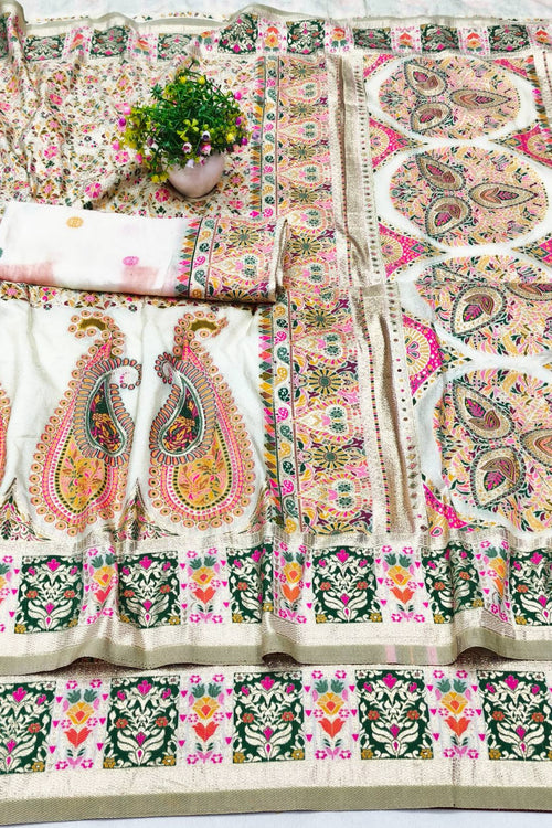 Load image into Gallery viewer, Stunner Beige Nylon Dola Pashmina Saree With Fragrant Blouse Piece
