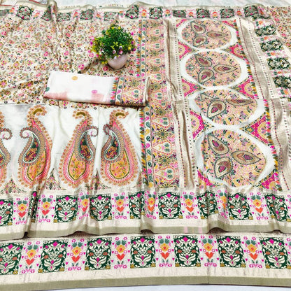 Stunner Beige Nylon Dola Pashmina Saree With Fragrant Blouse Piece