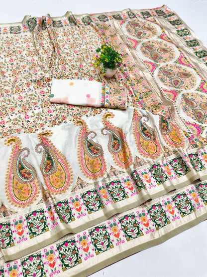 Stunner Beige Nylon Dola Pashmina Saree With Fragrant Blouse Piece