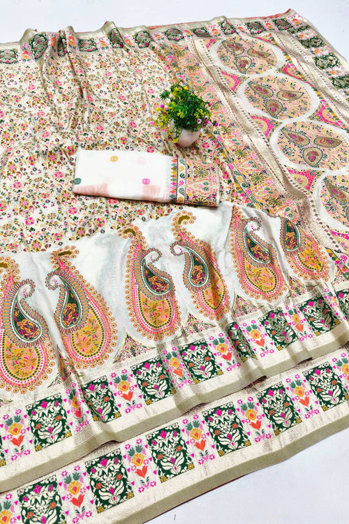 Load image into Gallery viewer, Stunner Beige Nylon Dola Pashmina Saree With Fragrant Blouse Piece
