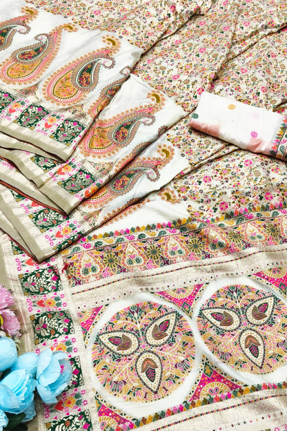 Stunner Beige Nylon Dola Pashmina Saree With Fragrant Blouse Piece