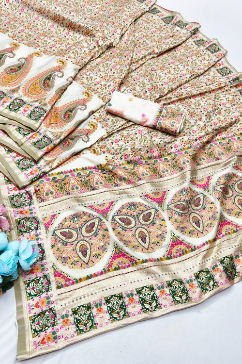 Load image into Gallery viewer, Stunner Beige Nylon Dola Pashmina Saree With Fragrant Blouse Piece
