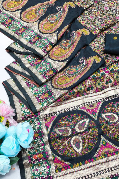 Alluring Black Nylon Dola Pashmina Saree With Fancifull Blouse Piece