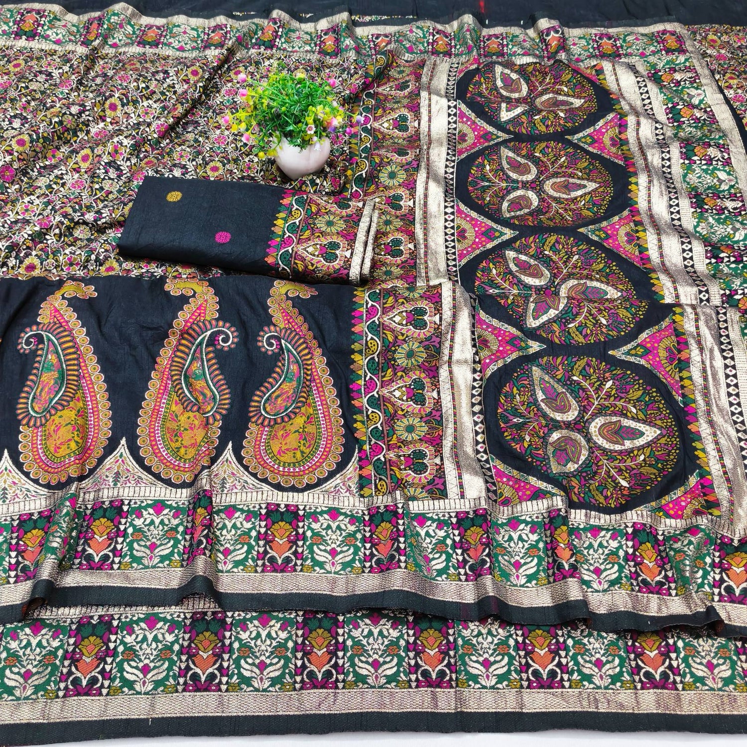 Alluring Black Nylon Dola Pashmina Saree With Fancifull Blouse Piece