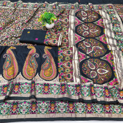 Alluring Black Nylon Dola Pashmina Saree With Fancifull Blouse Piece