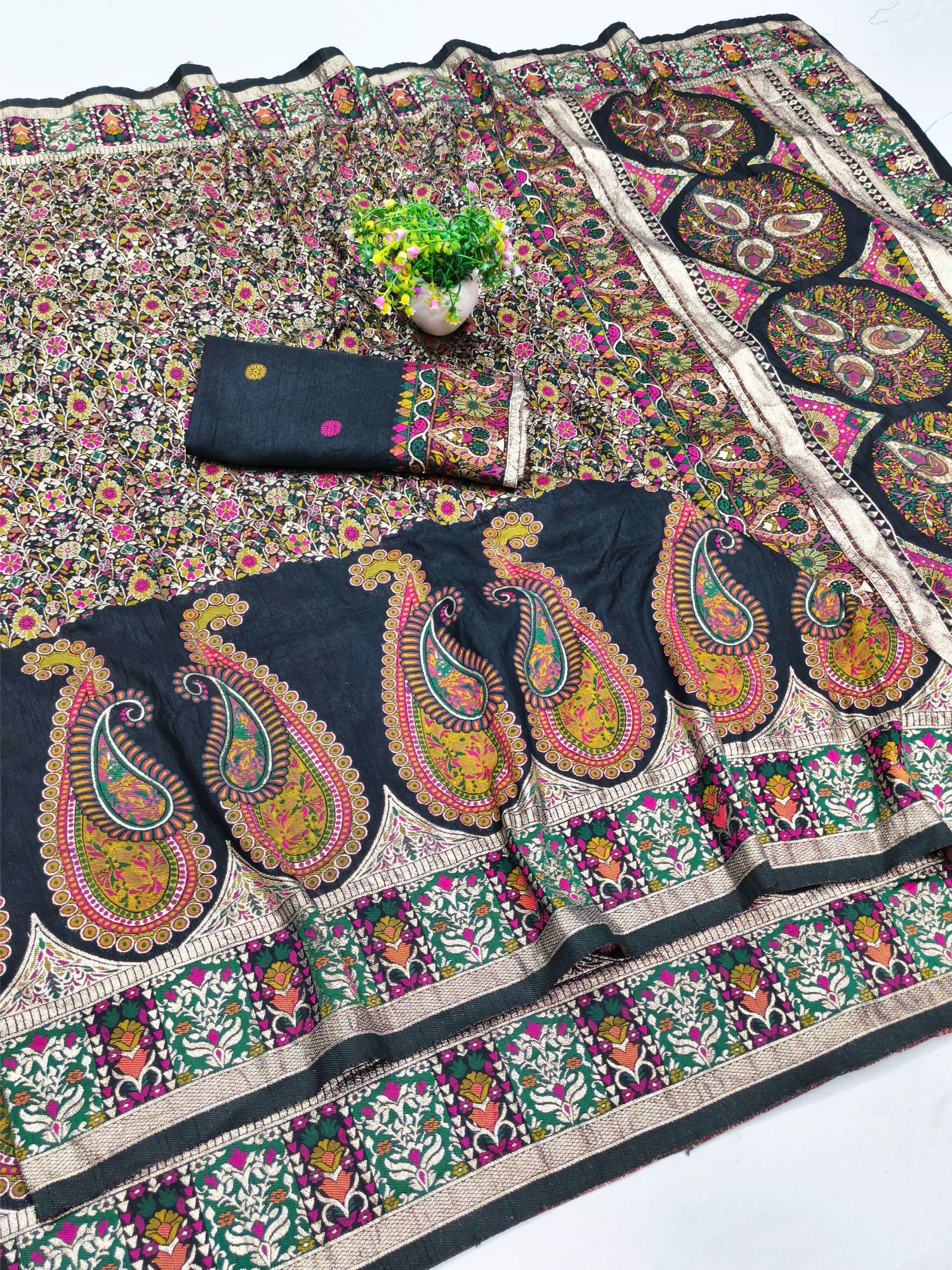 Alluring Black Nylon Dola Pashmina Saree With Fancifull Blouse Piece