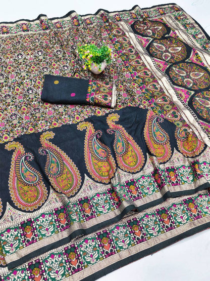 Alluring Black Nylon Dola Pashmina Saree With Fancifull Blouse Piece