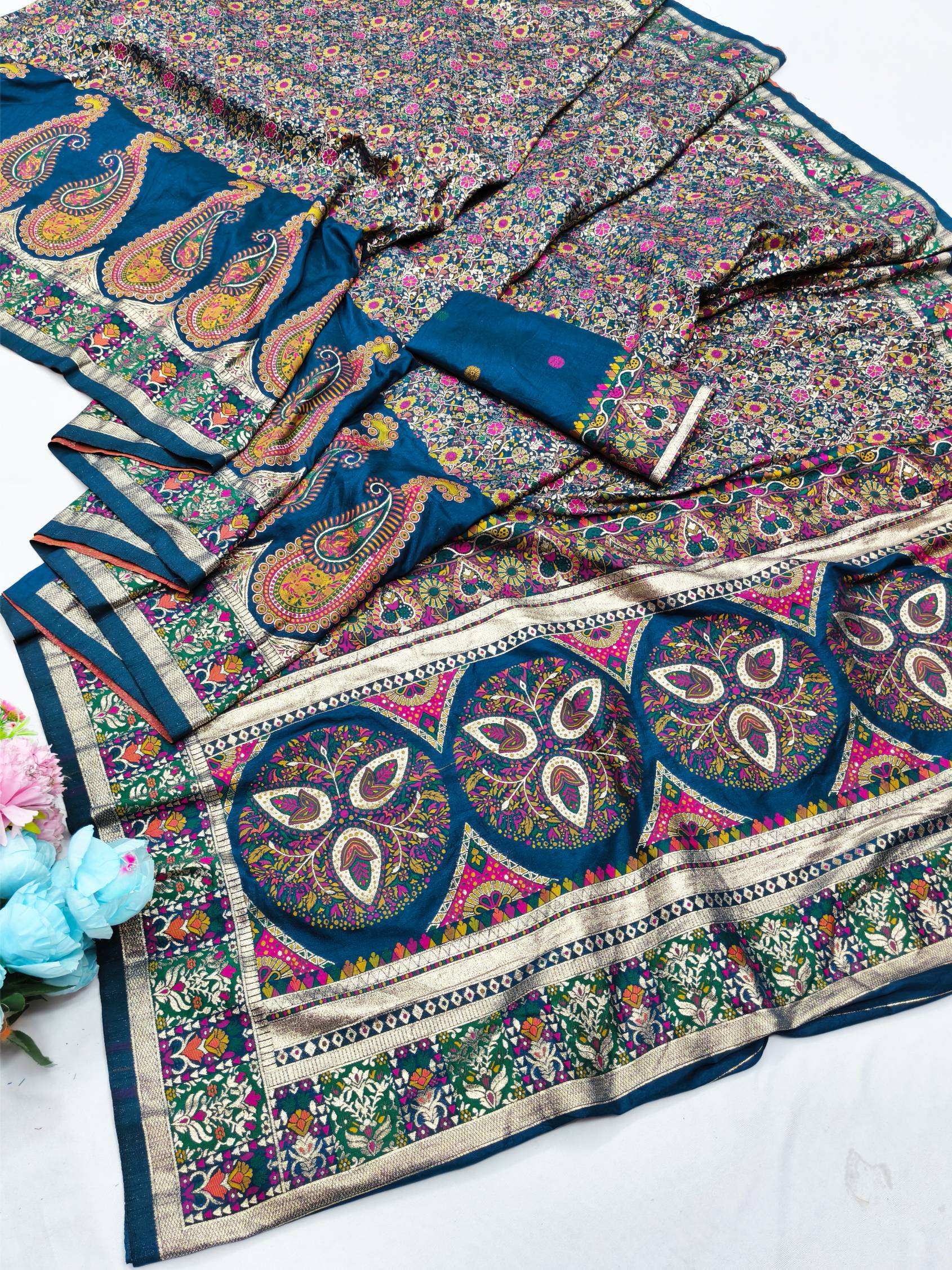 Trendy Blue Nylon Dola Pashmina Saree With Precious Blouse Piece