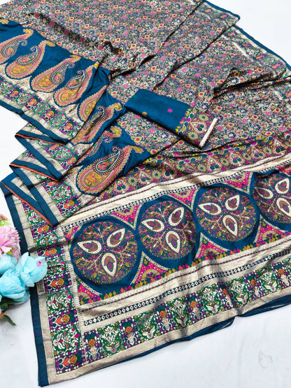 Trendy Blue Nylon Dola Pashmina Saree With Precious Blouse Piece