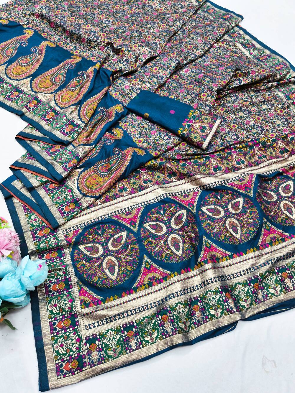 Trendy Blue Nylon Dola Pashmina Saree With Precious Blouse Piece