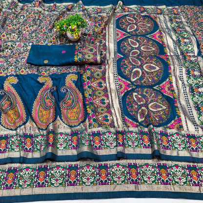 Trendy Blue Nylon Dola Pashmina Saree With Precious Blouse Piece