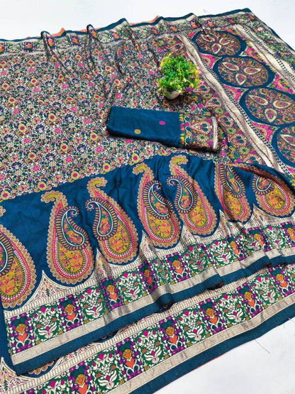 Trendy Blue Nylon Dola Pashmina Saree With Precious Blouse Piece