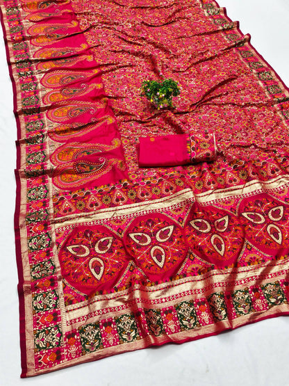 Demure Dark Pink Nylon Dola Pashmina Saree With Sophisticated Blouse Piece