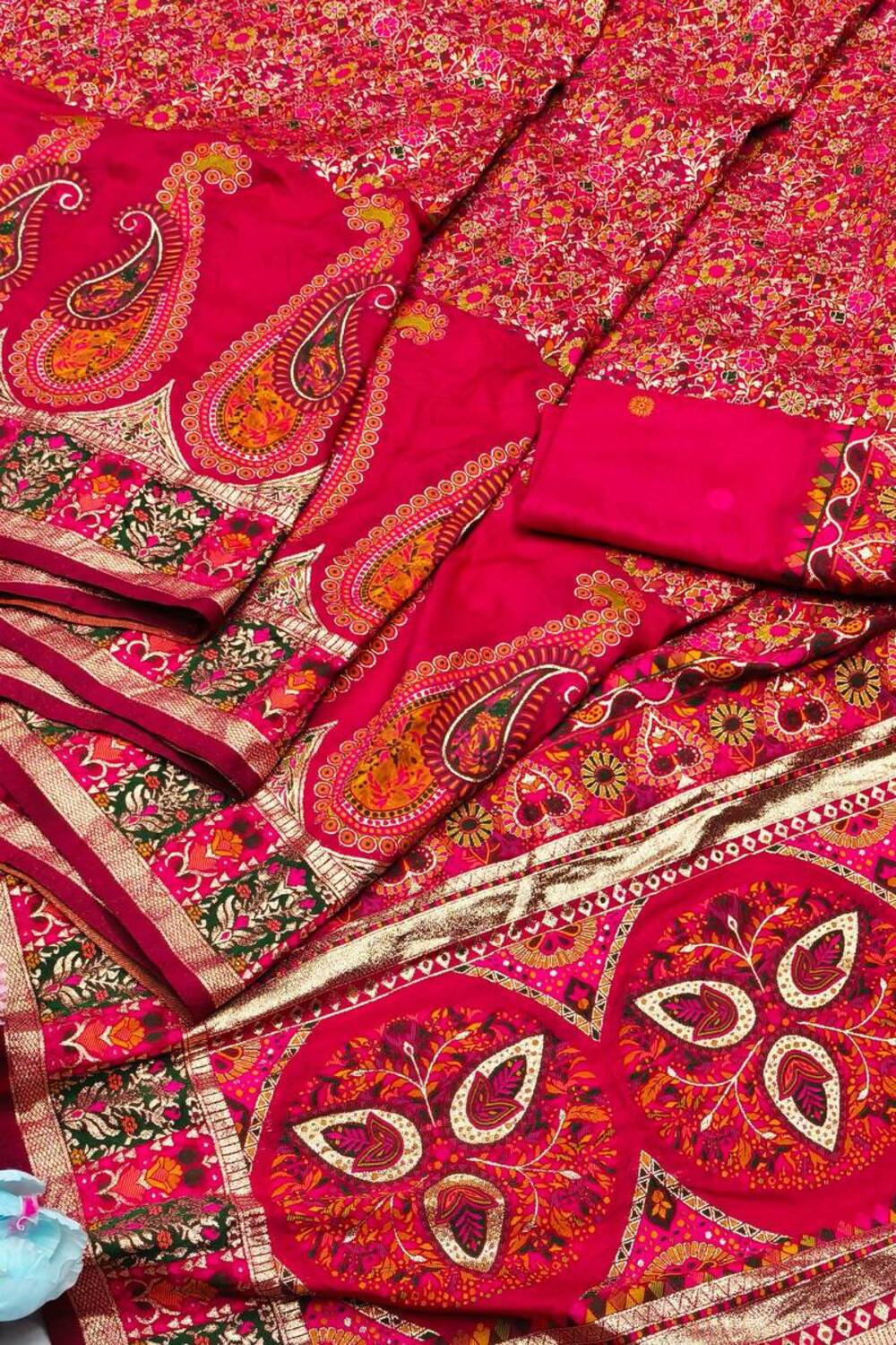 Demure Dark Pink Nylon Dola Pashmina Saree With Sophisticated Blouse Piece