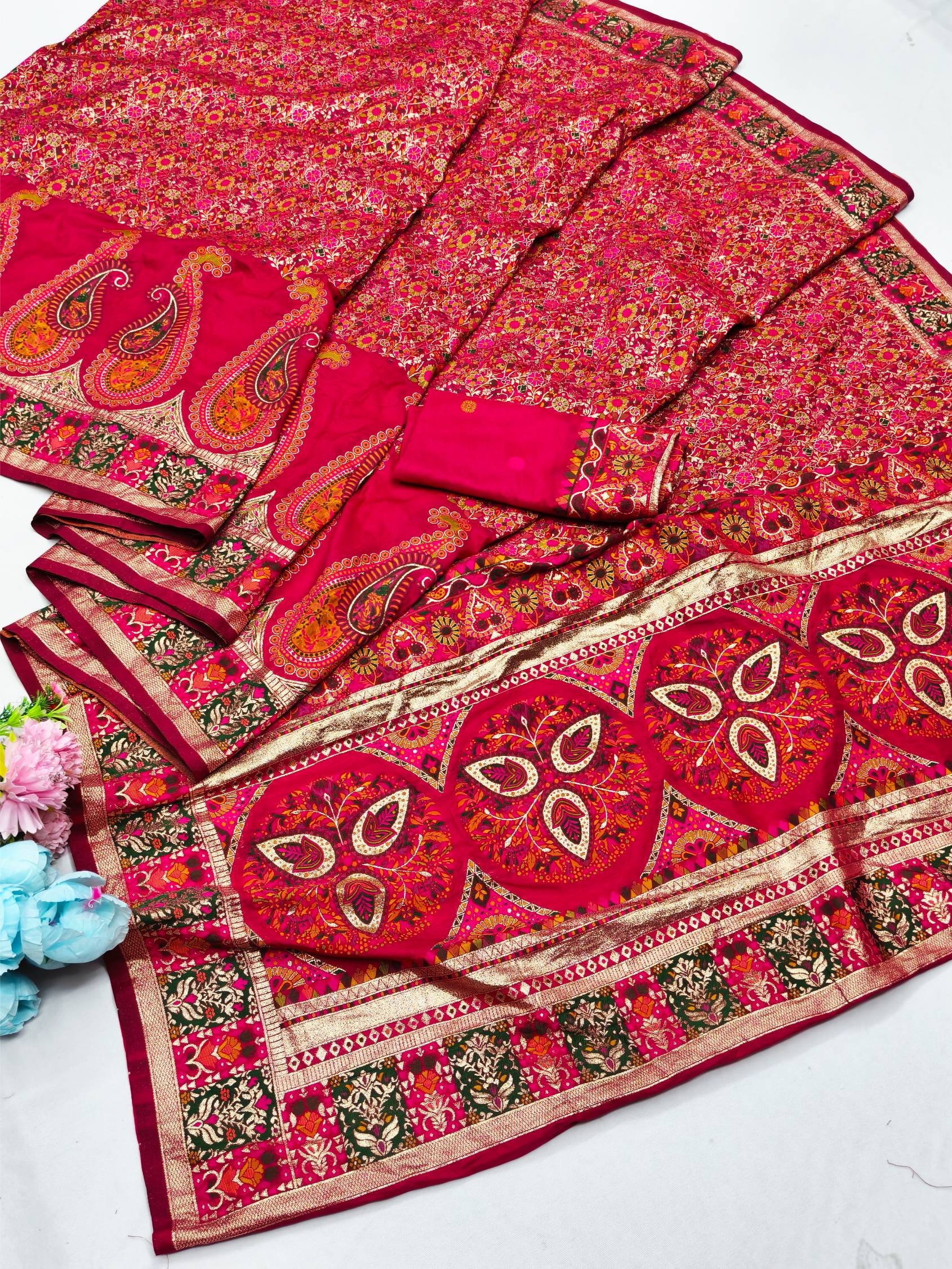 Demure Dark Pink Nylon Dola Pashmina Saree With Sophisticated Blouse Piece