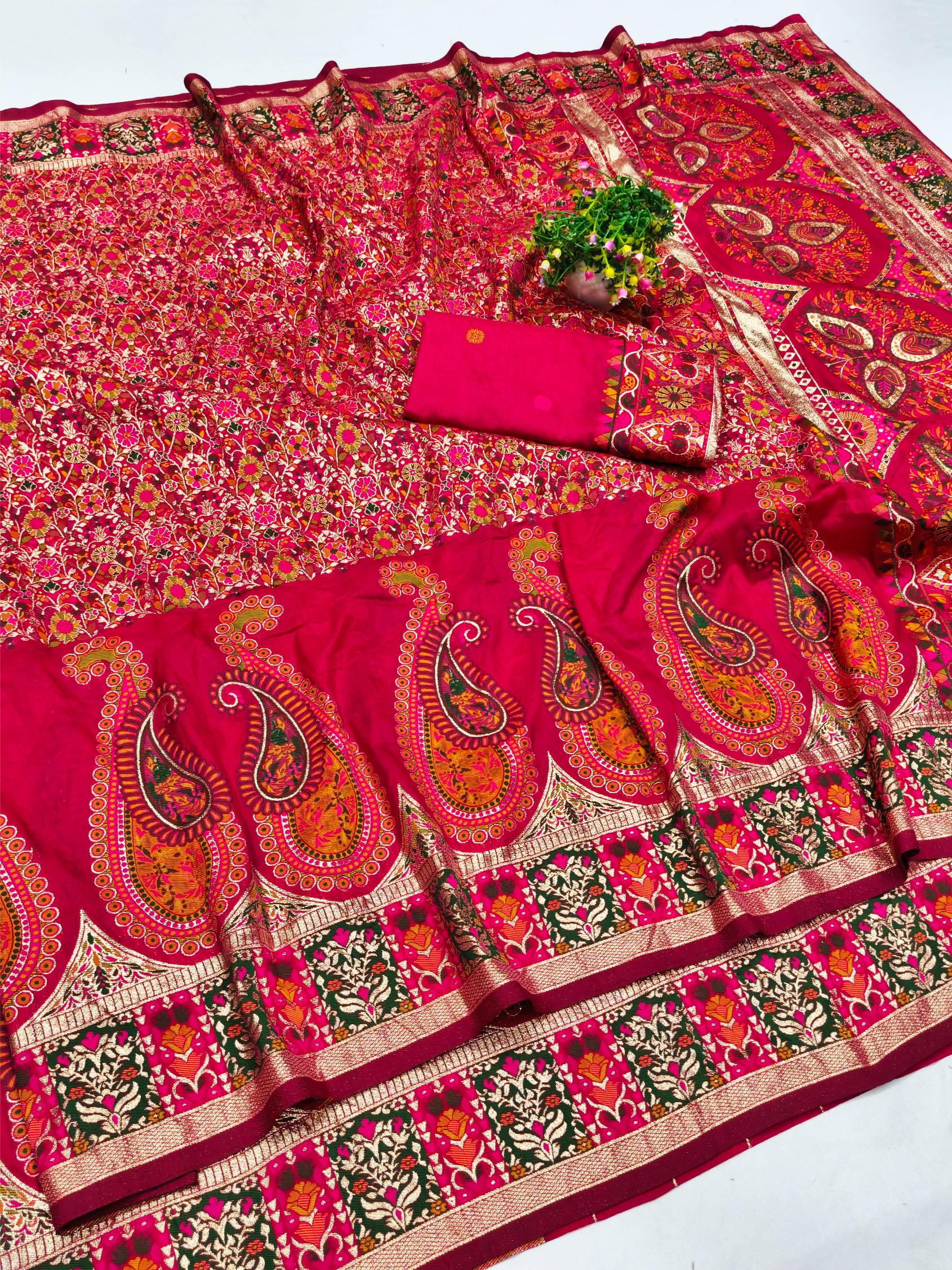 Demure Dark Pink Nylon Dola Pashmina Saree With Sophisticated Blouse Piece