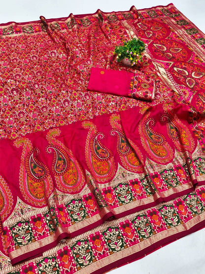 Demure Dark Pink Nylon Dola Pashmina Saree With Sophisticated Blouse Piece