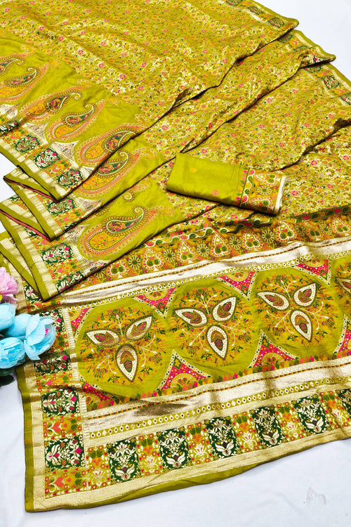 Load image into Gallery viewer, Inspiring Mehandi Nylon Dola Pashmina Saree With Dulcet Blouse Piece
