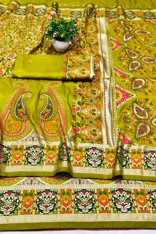 Load image into Gallery viewer, Inspiring Mehandi Nylon Dola Pashmina Saree With Dulcet Blouse Piece
