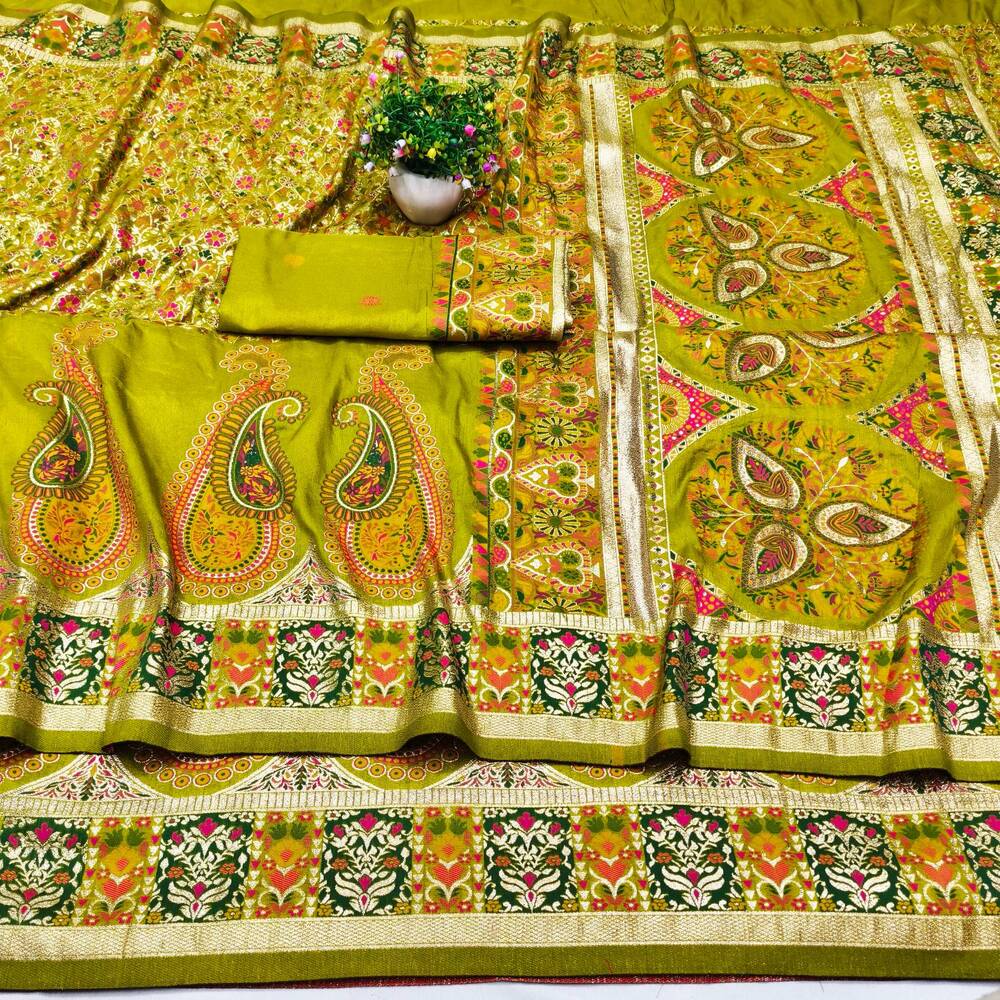 Inspiring Mehndi Nylon Dola Pashmina Saree With Dulcet Blouse Piece