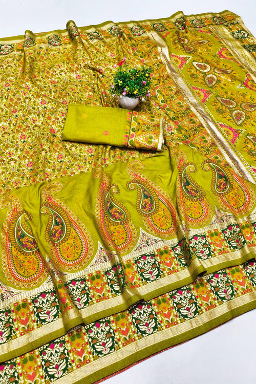 Load image into Gallery viewer, Inspiring Mehandi Nylon Dola Pashmina Saree With Dulcet Blouse Piece
