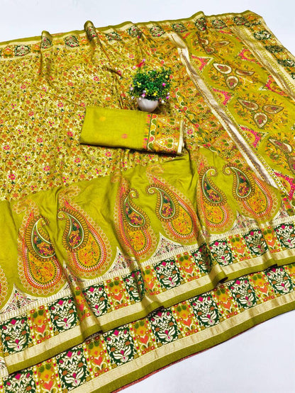 Inspiring Mehndi Nylon Dola Pashmina Saree With Dulcet Blouse Piece