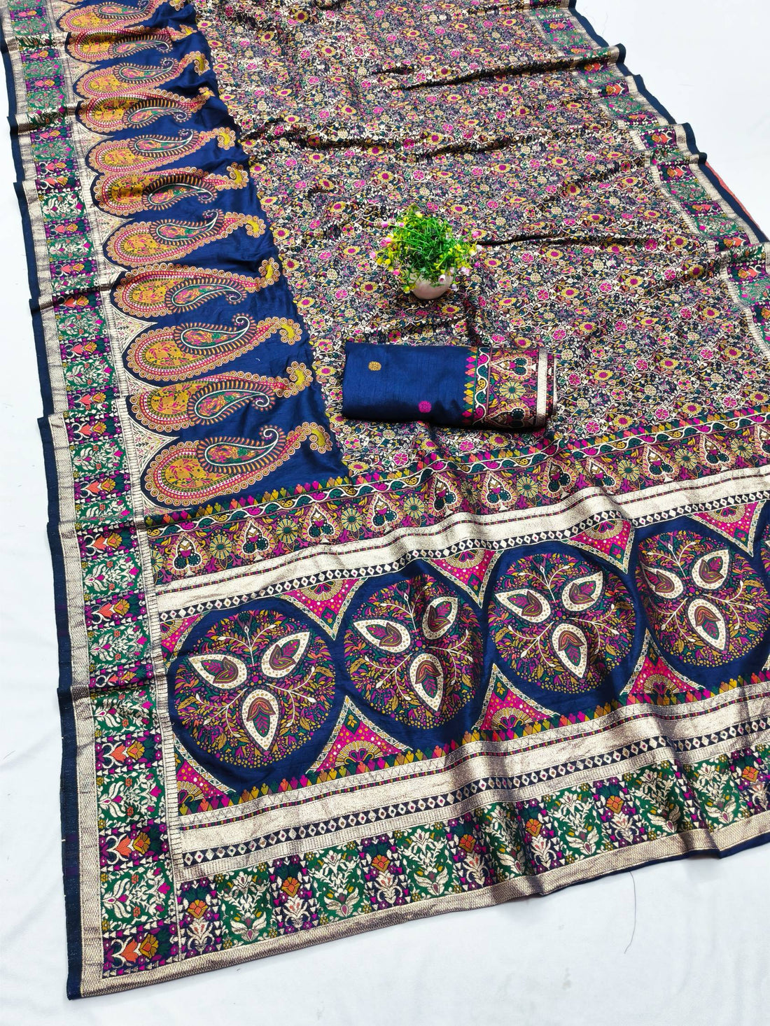 Majestic Navy Blue Nylon Dola Pashmina Saree With Angelic Blouse Piece