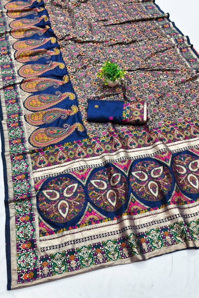 Majestic Navy Blue Nylon Dola Pashmina Saree With Angelic Blouse Piece