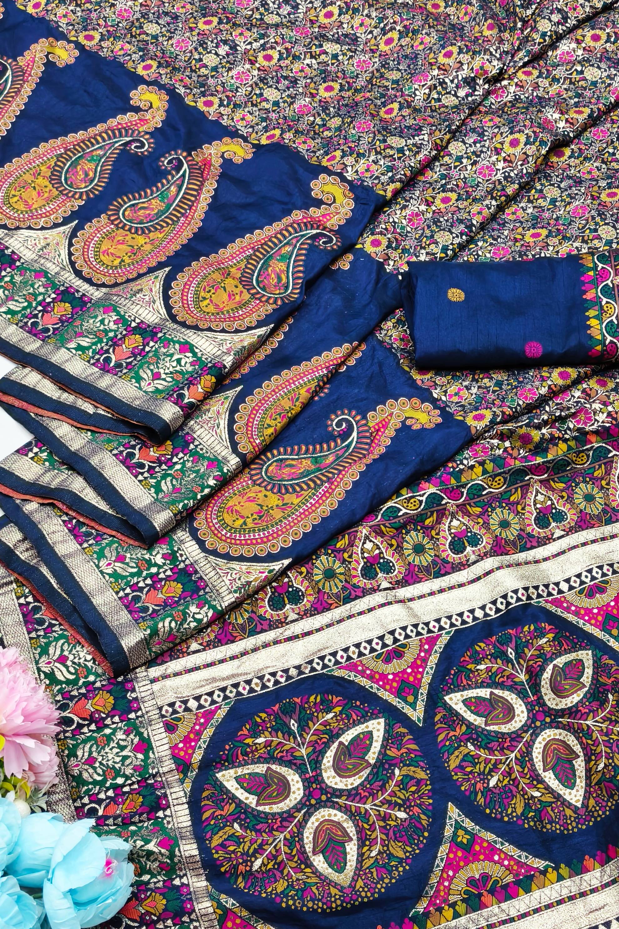 Majestic Navy Blue Nylon Dola Pashmina Saree With Angelic Blouse Piece