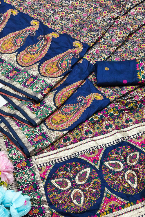 Load image into Gallery viewer, Majestic Navy Blue Nylon Dola Pashmina Saree With Angelic Blouse Piece
