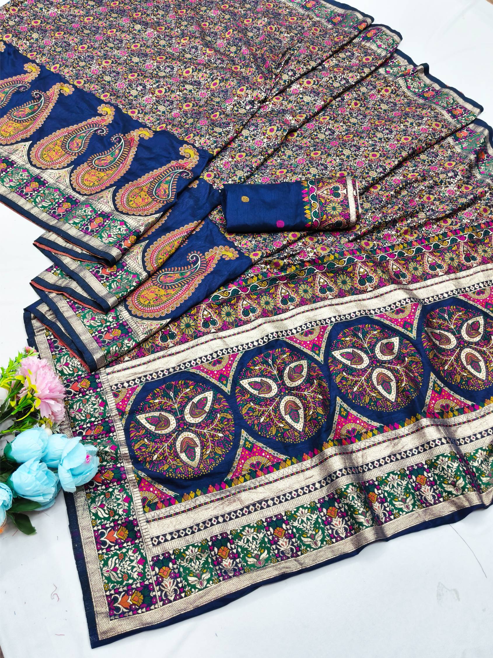 Majestic Navy Blue Nylon Dola Pashmina Saree With Angelic Blouse Piece