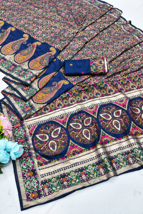 Load image into Gallery viewer, Majestic Navy Blue Nylon Dola Pashmina Saree With Angelic Blouse Piece
