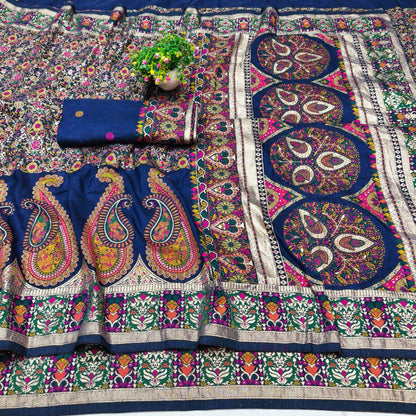 Majestic Navy Blue Nylon Dola Pashmina Saree With Angelic Blouse Piece