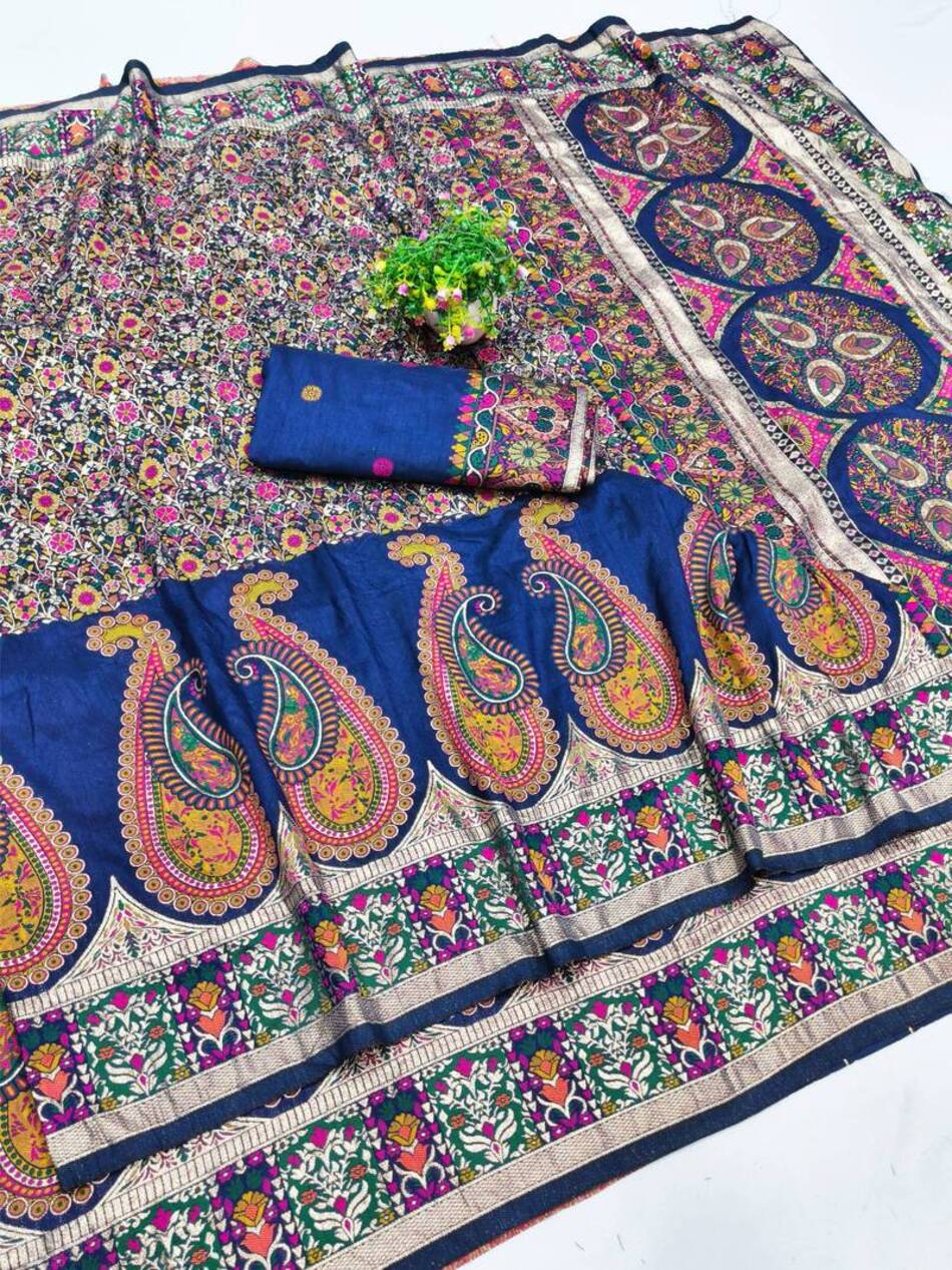 Majestic Navy Blue Nylon Dola Pashmina Saree With Angelic Blouse Piece