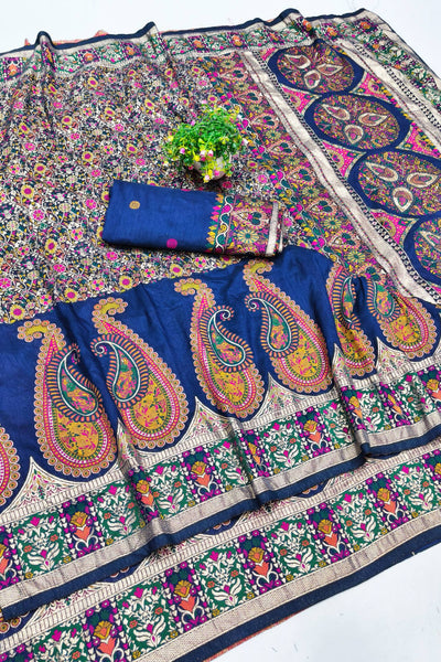 Majestic Navy Blue Nylon Dola Pashmina Saree With Angelic Blouse Piece