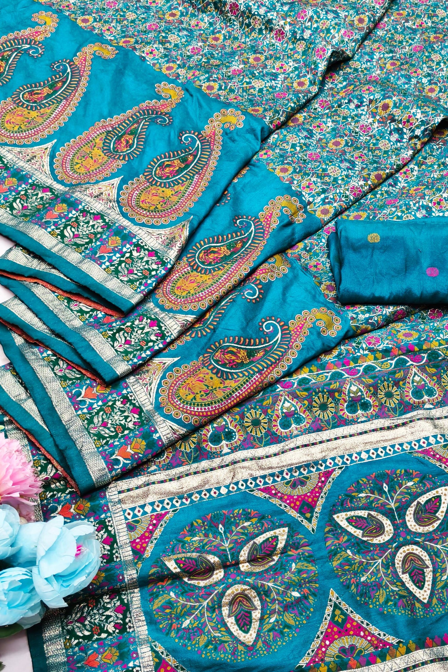 Exquisite Rama Nylon Dola Pashmina Saree With Moiety Blouse Piece