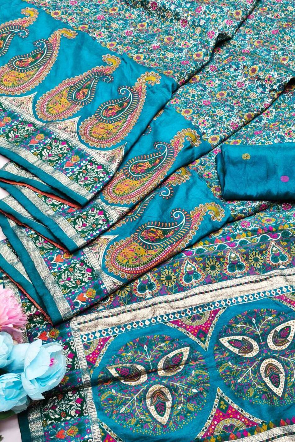 Exquisite Rama Nylon Dola Pashmina Saree With Moiety Blouse Piece