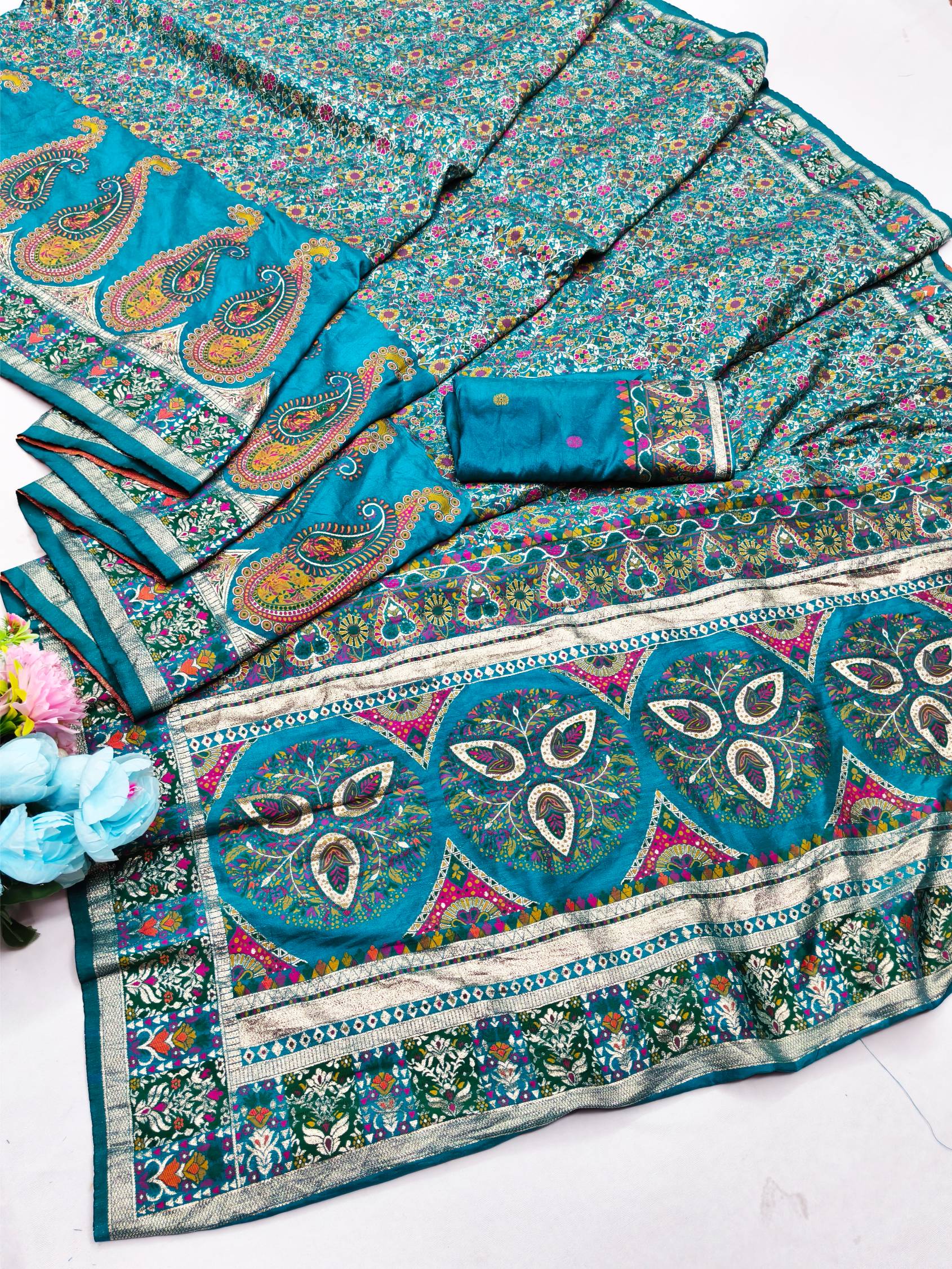 Exquisite Rama Nylon Dola Pashmina Saree With Moiety Blouse Piece