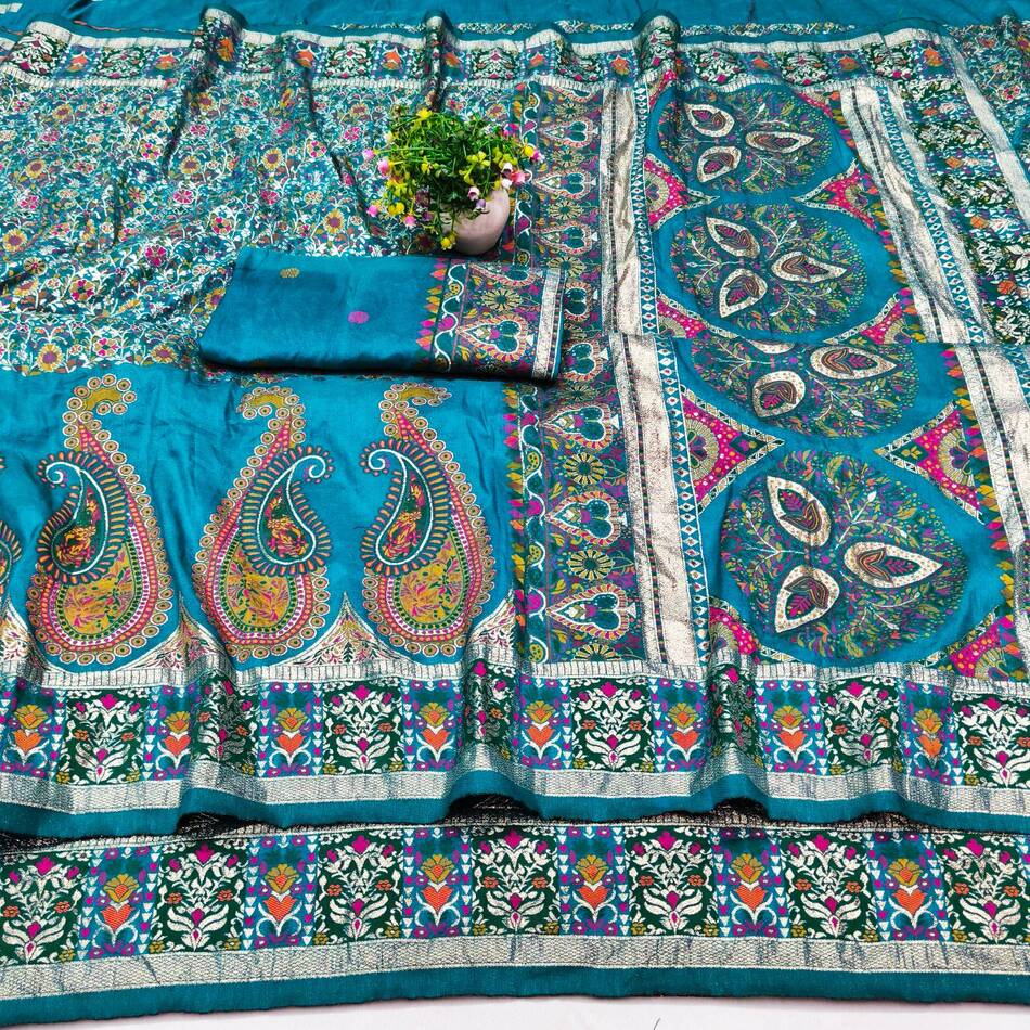 Exquisite Rama Nylon Dola Pashmina Saree With Moiety Blouse Piece