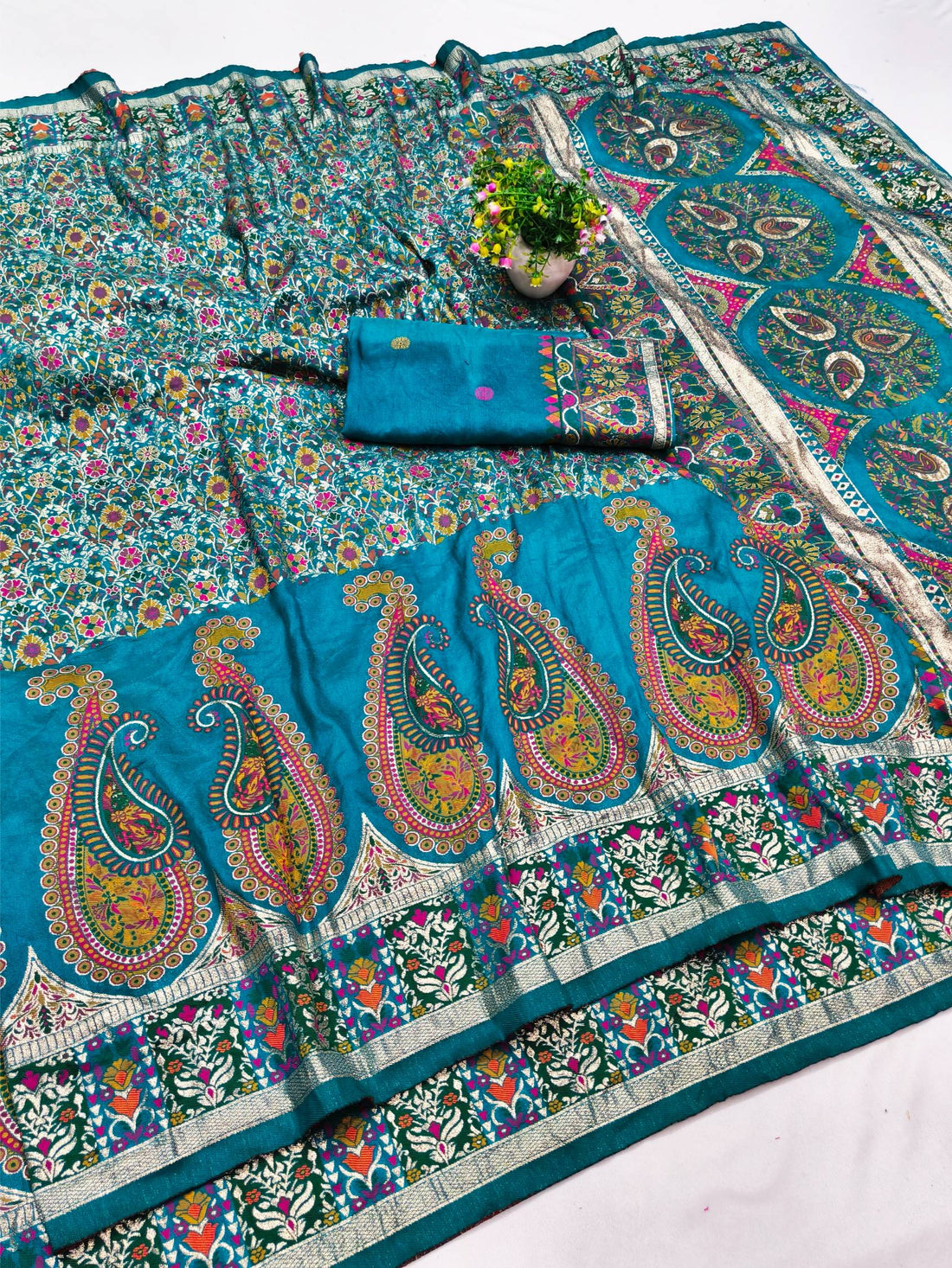 Exquisite Rama Nylon Dola Pashmina Saree With Moiety Blouse Piece