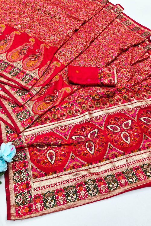 Load image into Gallery viewer, Adoring Red Nylon Dola Pashmina Saree With Designer Blouse Piece
