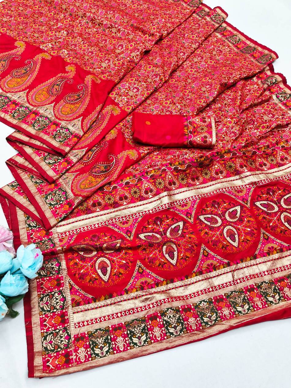 Adoring Red Nylon Dola Pashmina Saree With Designer Blouse Piece