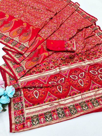 Adoring Red Nylon Dola Pashmina Saree With Designer Blouse Piece