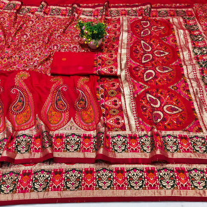 Adoring Red Nylon Dola Pashmina Saree With Designer Blouse Piece