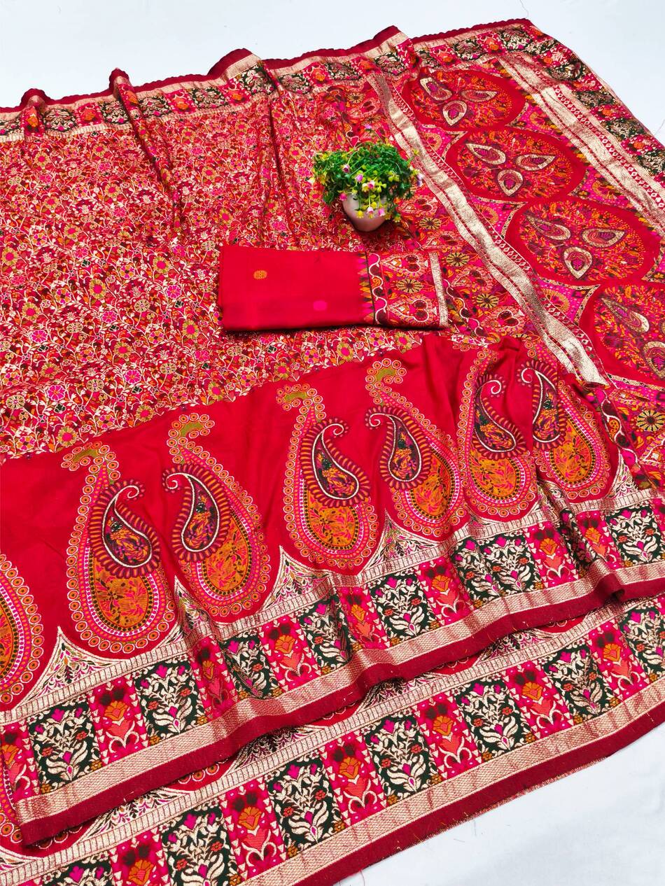 Adoring Red Nylon Dola Pashmina Saree With Designer Blouse Piece