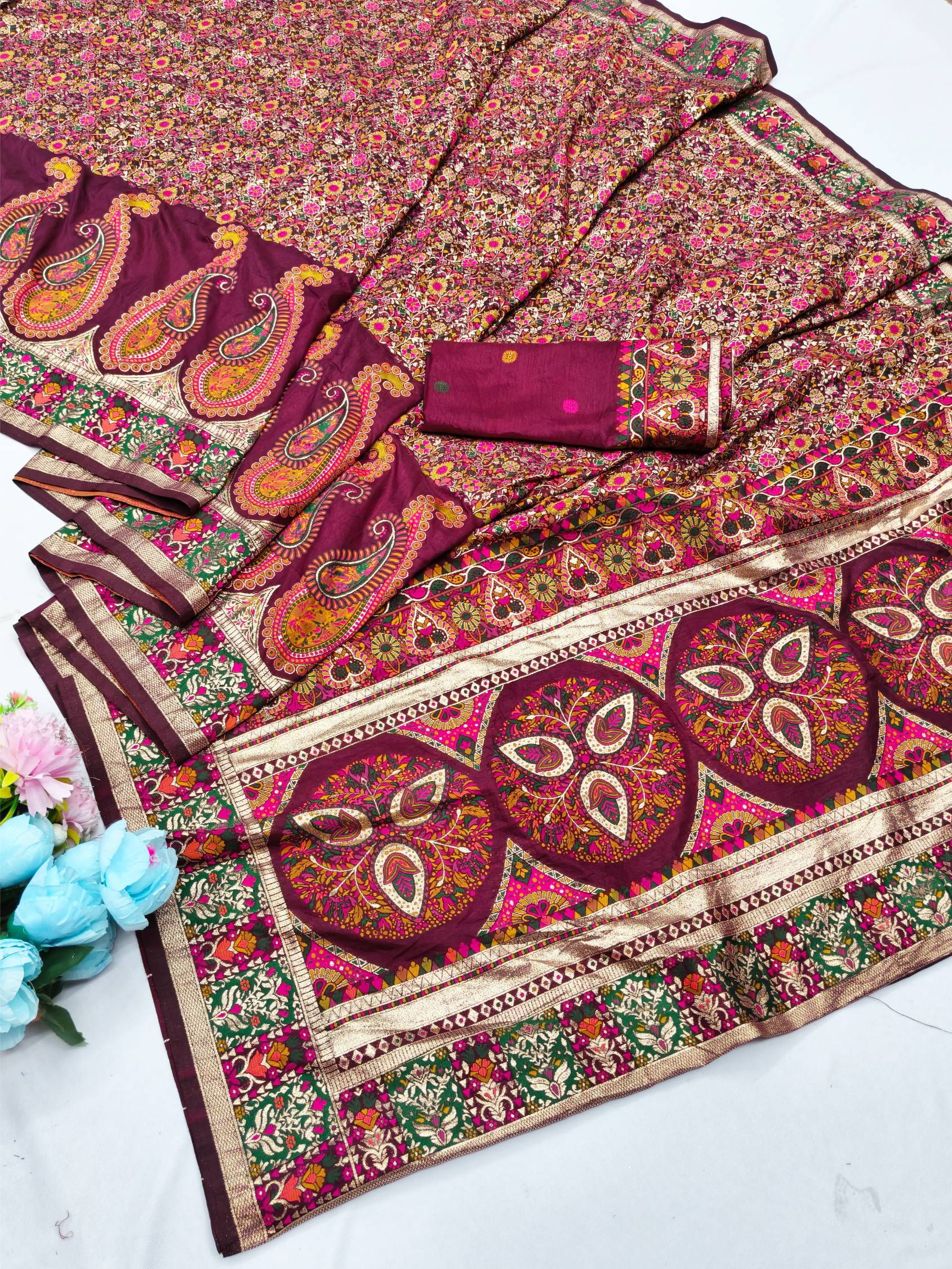 Forbearance Wine Nylon Dola Pashmina Saree With Prominent Blouse Piece